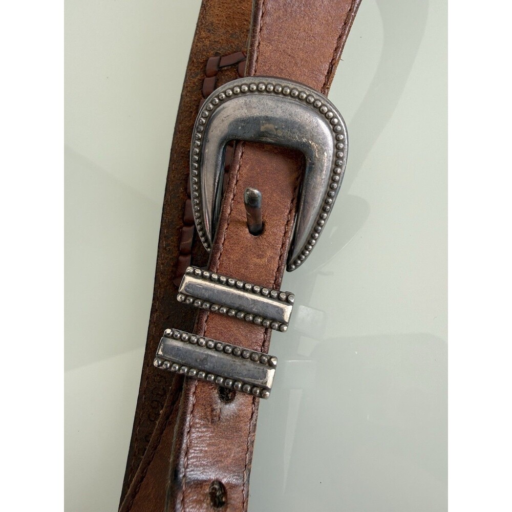 ✿ Vintage Boho Brown Leather Belt Western Silver Buckle Braided Detail